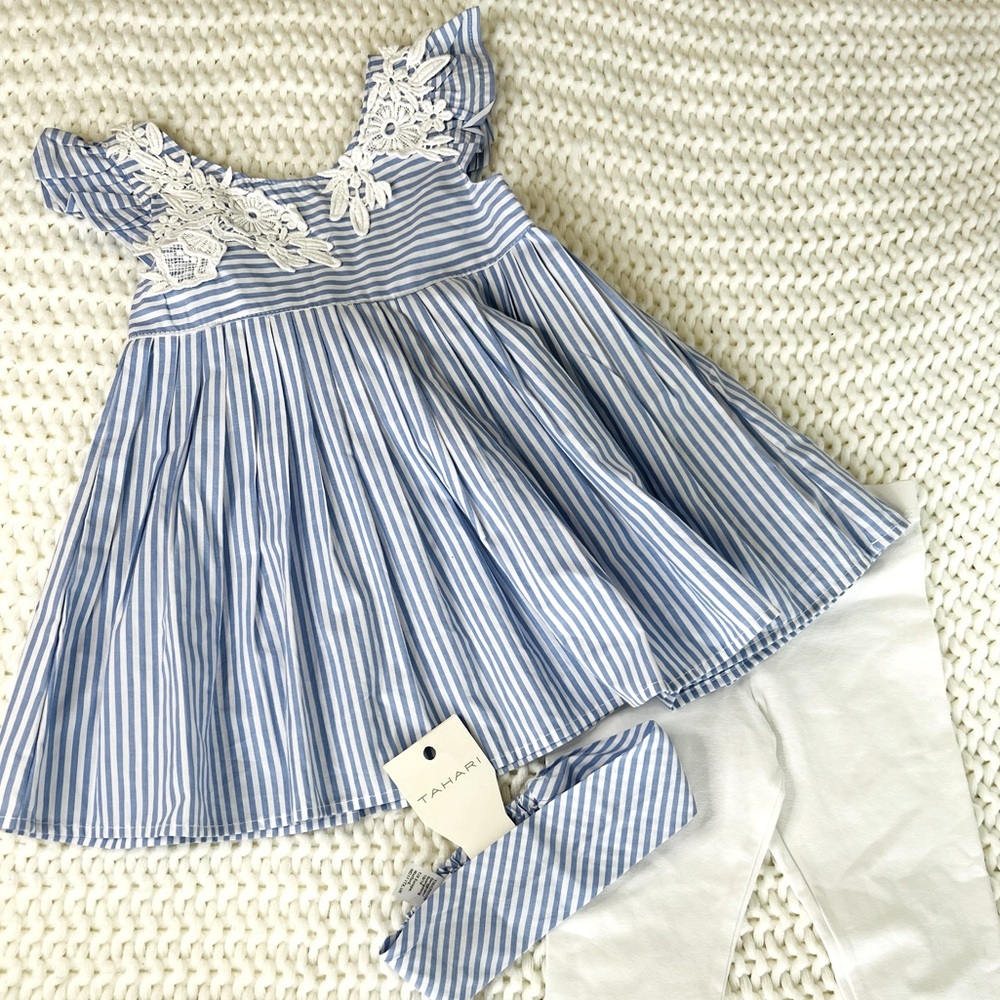 Tahari Blue and White Striped Kids Blouse with Lace